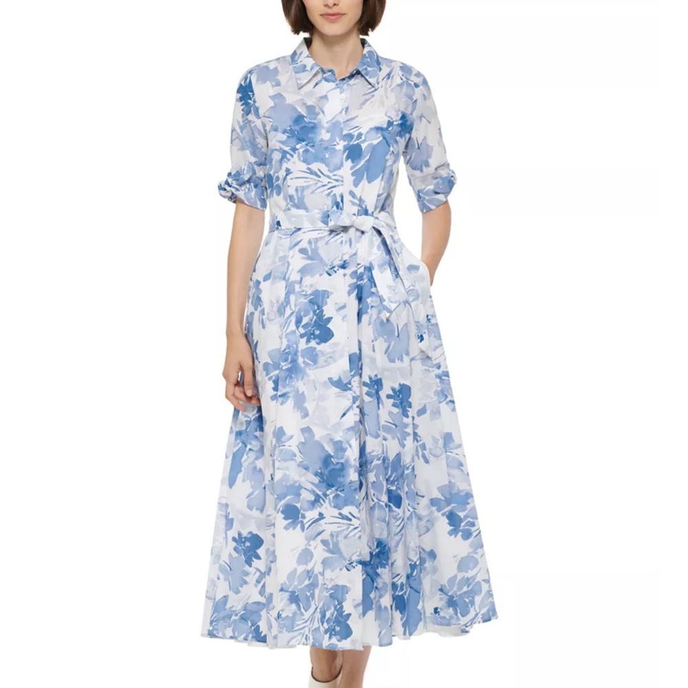 Blue Floral Shirt Dress with Tie Waist